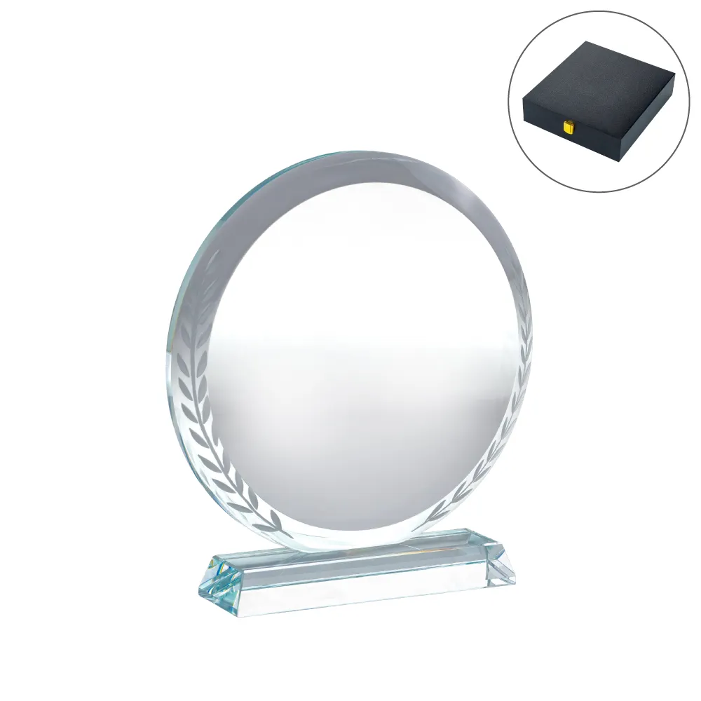 49694 - Round-Clear-Crystal-Award-with-Engraved-Leaves-CR-32-Blank
