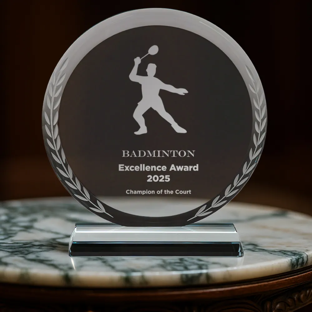 Round Clear Crystal Award with Engraved Leaves
