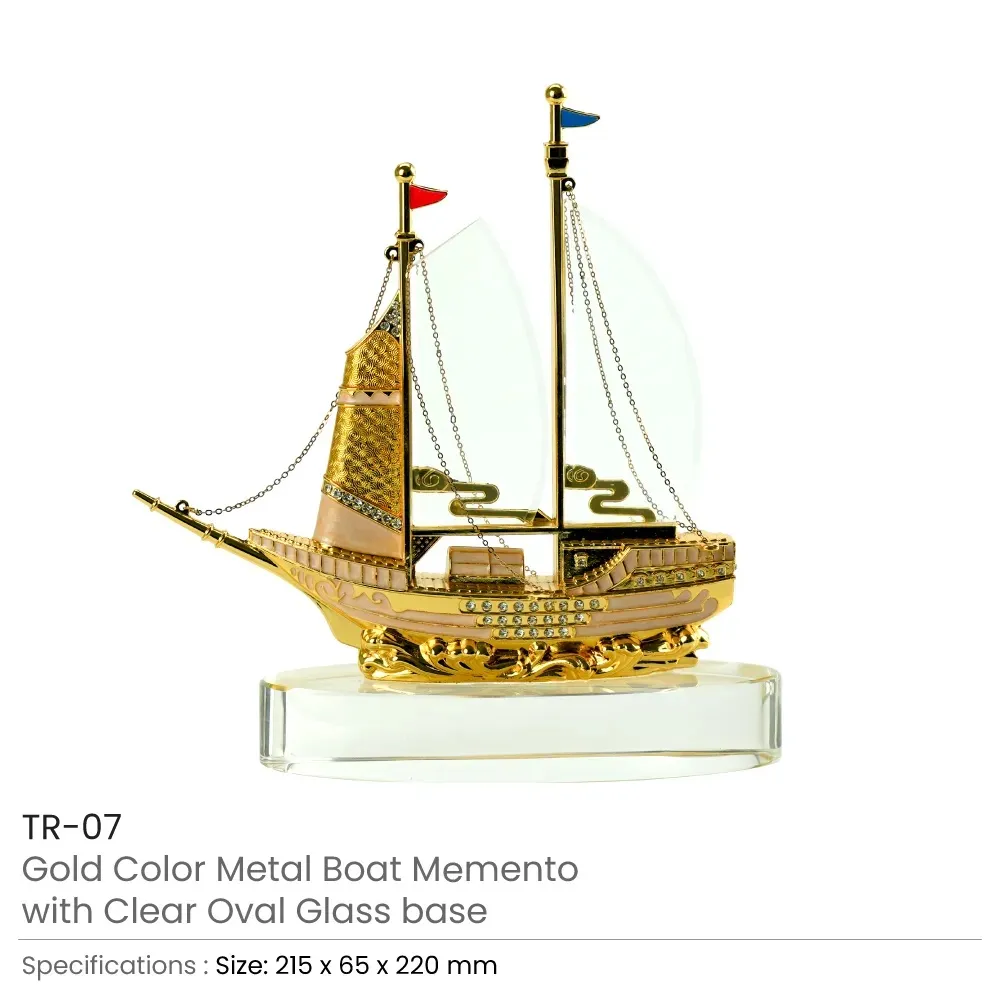 Golden Boat-Shaped Memento in Metal with Glass Base