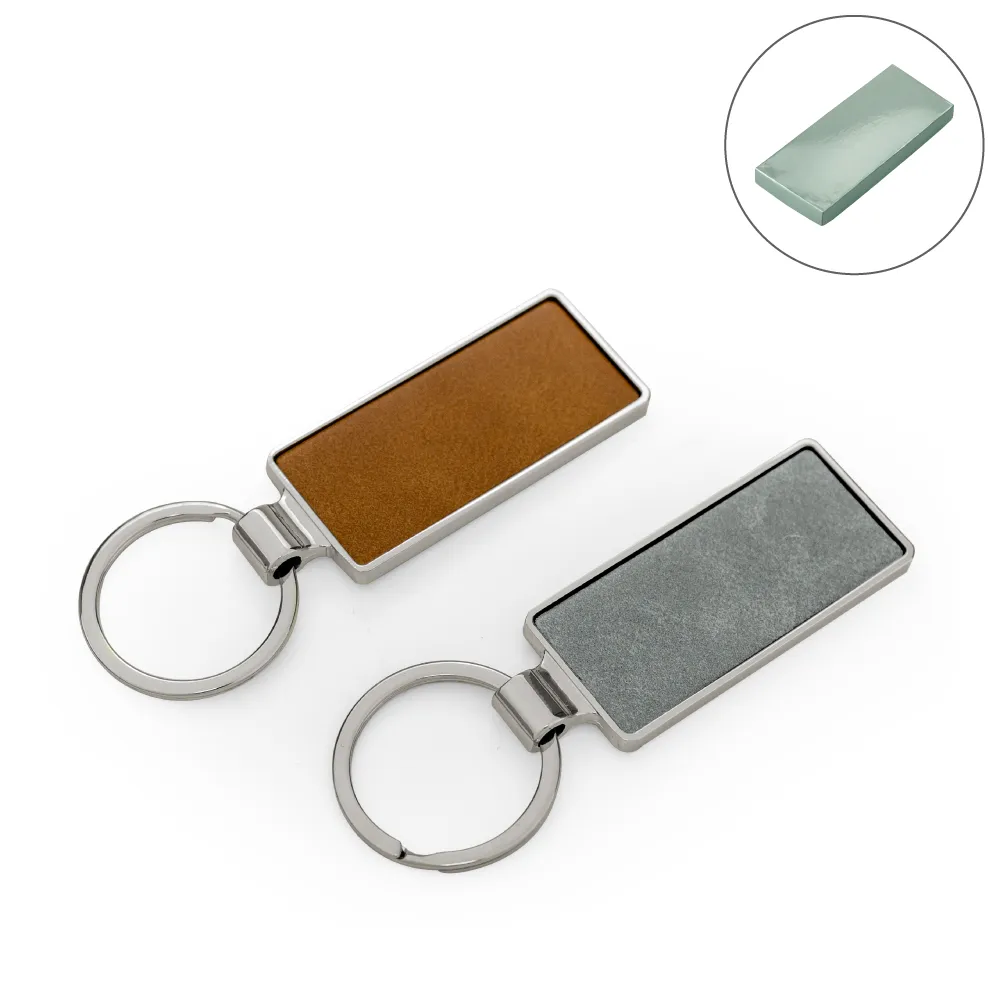 Silver Shiny Metal Keychains with Laserable PU Leather Plate