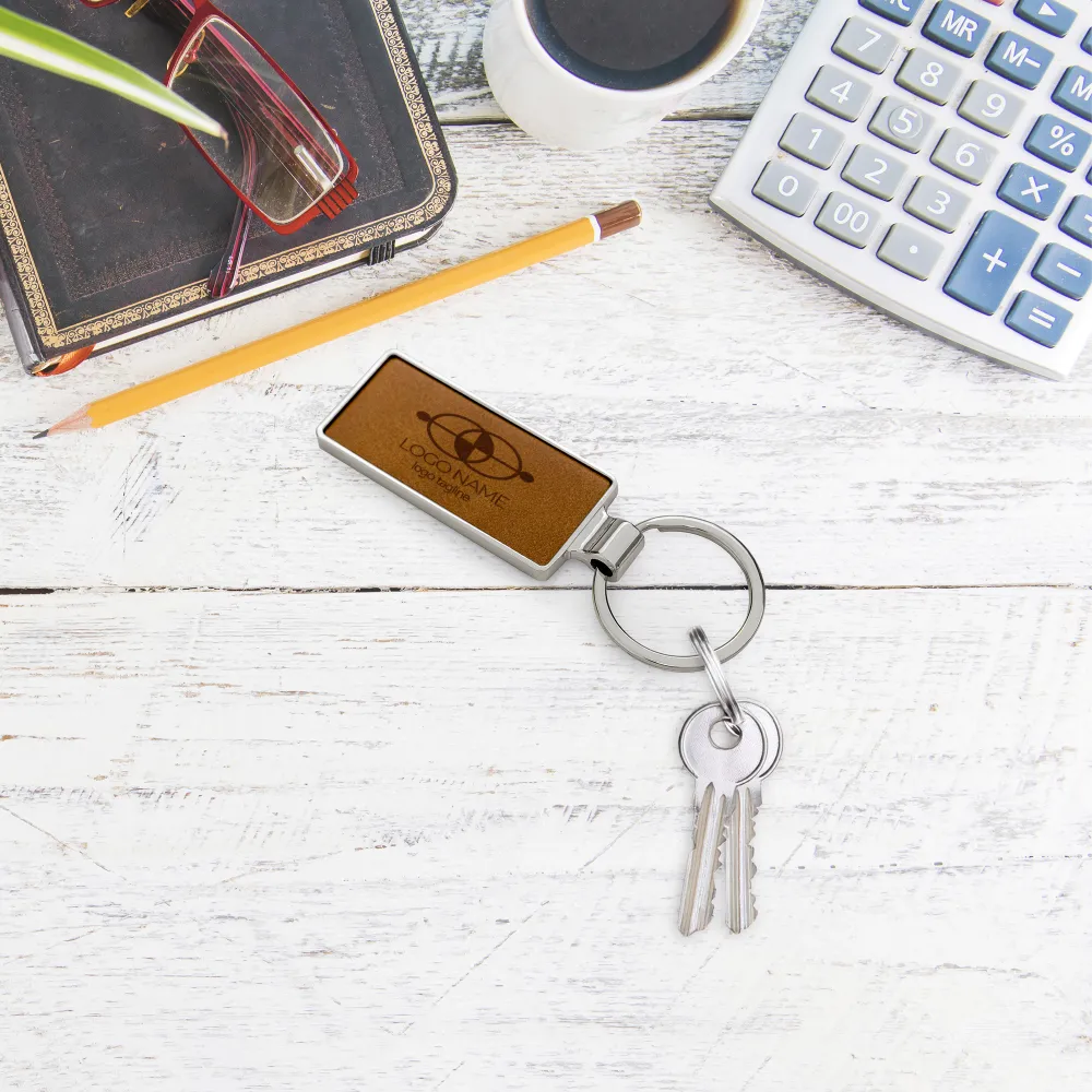 Silver Shiny Metal Keychains with Laserable PU Leather Plate
