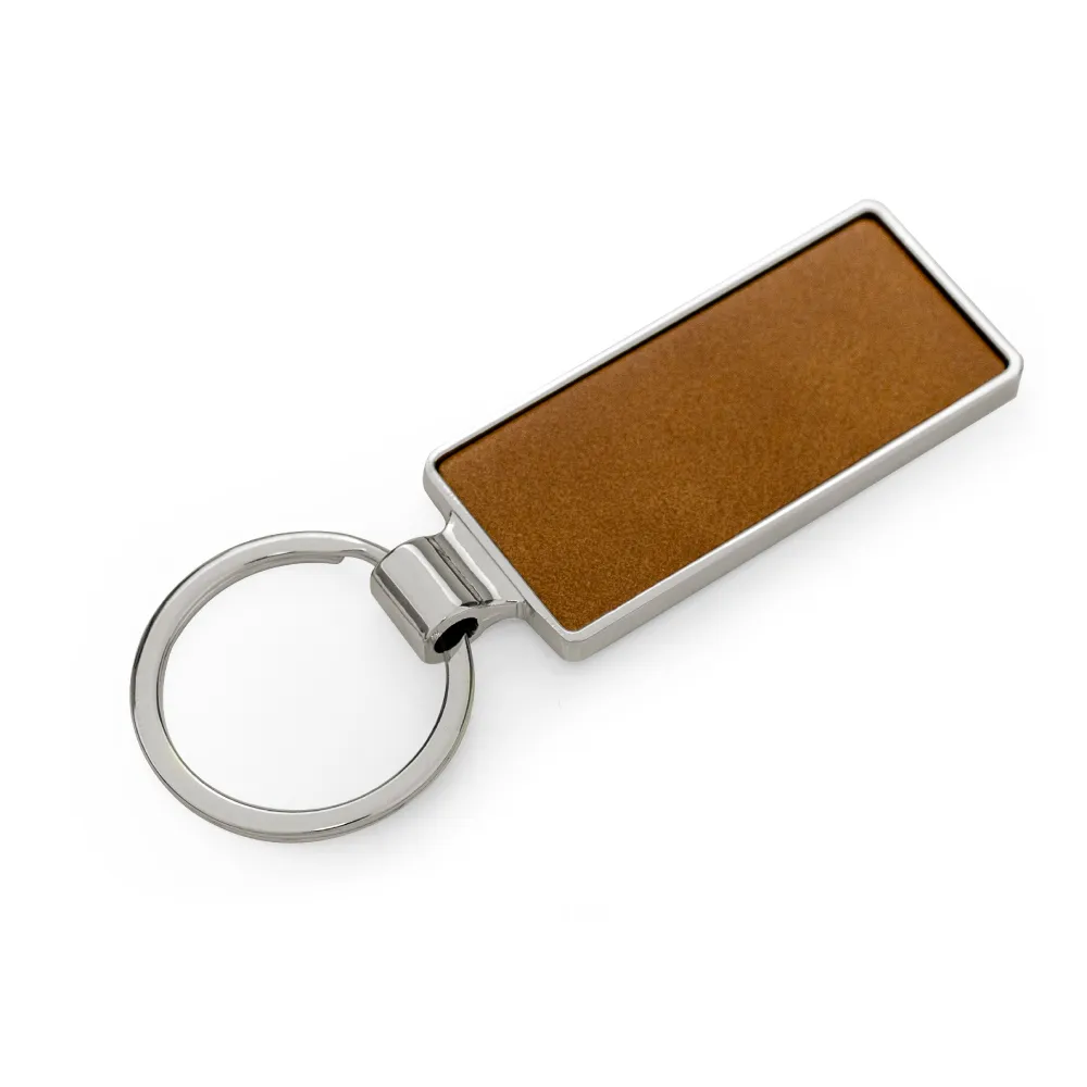 Silver Shiny Metal Keychains with Laserable PU Leather Plate