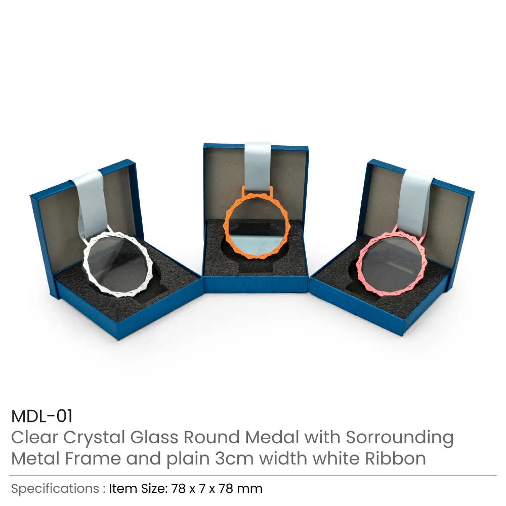 Glass Medals with Metal Frame and 3cm White Ribbon