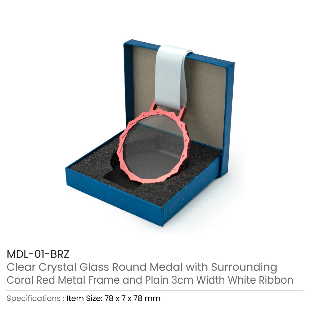 Glass Medals with Metal Frame and 3cm White Ribbon