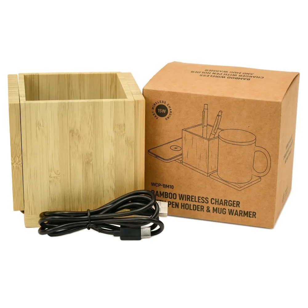 Foldable Bamboo Fast Wireless Charging Pad 15W with Mug Warmer and Pen Holder