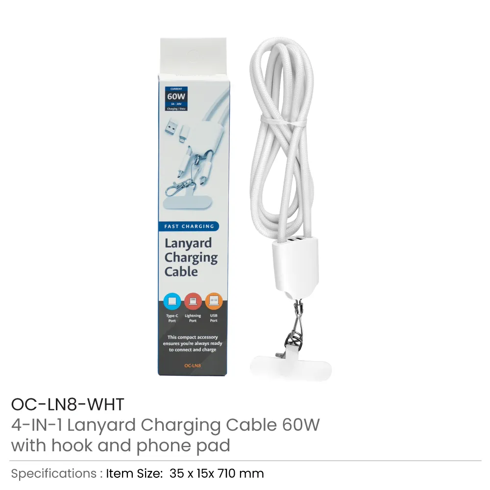 4 in 1 Lanyard Charging Cable 60W, 120cm Long with Hook for ID Card and Phone Pad