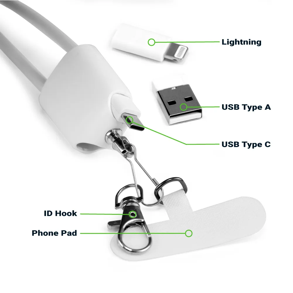 4 in 1 Lanyard Charging Cable 60W, 120cm Long with Hook for ID Card and Phone Pad
