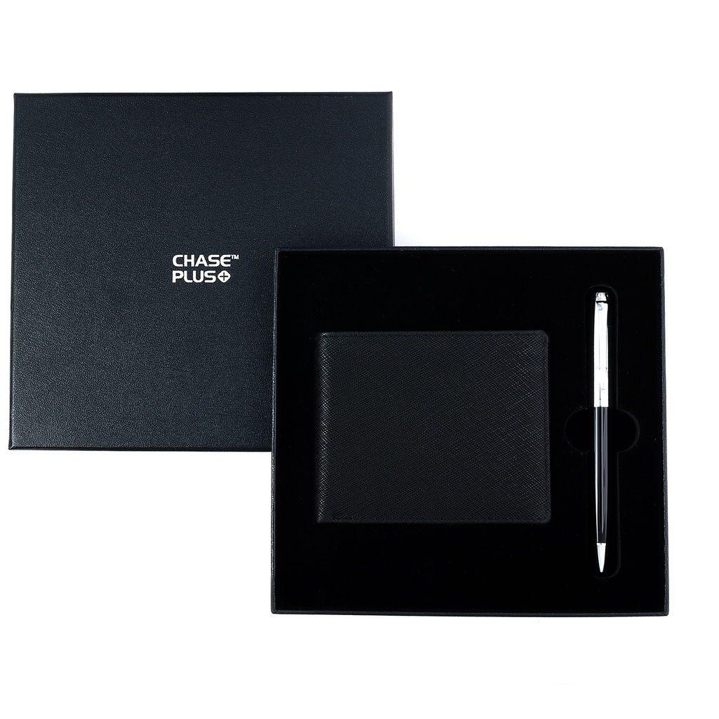 CHASE PLUS Business Gift Set-Glasgow Men's Wallet and Libro Black Chrome Pen 