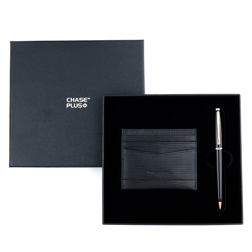  CHASE PLUS Business Gift Set-Retso Credit Card Holder and Lexer Black Rosegold Pen 