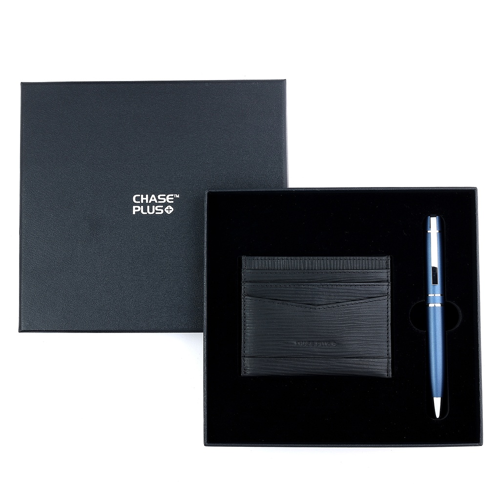  CHASE PLUS Business Gift Set-Retso Credit Card Holder and Kanora Matt Blue Pen 