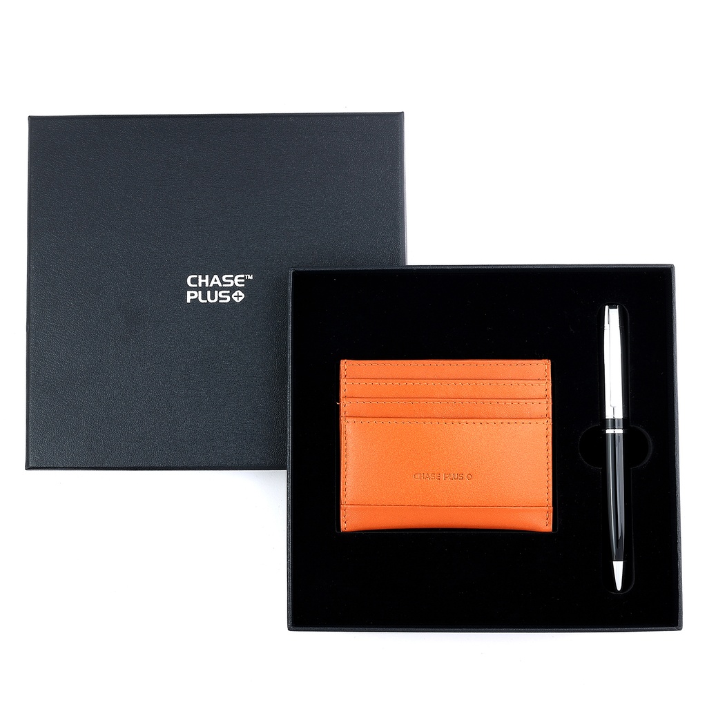 CHASE PLUS Business Gift Set- Bristol Credit Card Holder and Kanora Black Chrome Pen