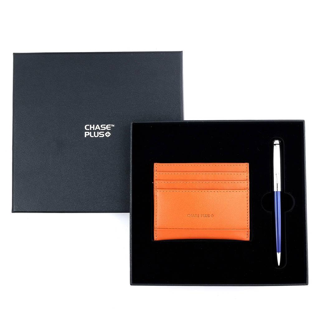 CHASE PLUS Business Gift Set- Bristol Credit Card Holder and Libro Blue Chrome Pen