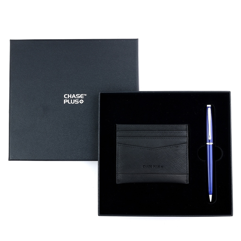 CHASE PLUS Business Gift Set- Glasgow Credit Card Holder and Lexer Blue Pen
