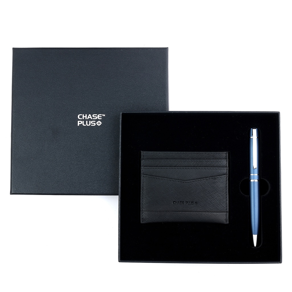 CHASE PLUS Business Gift Set- Glasgow Credit Card Holder and Kanora Matt Blue Pen