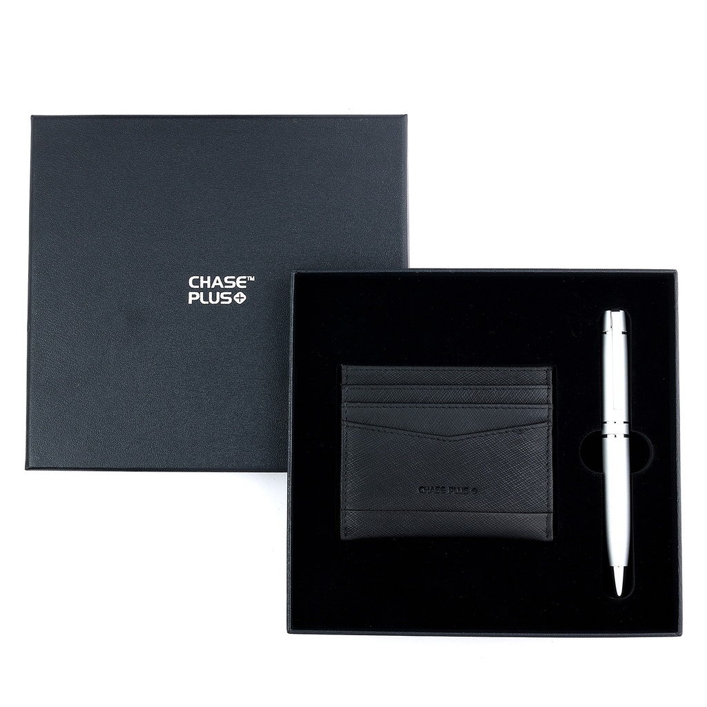 CHASE PLUS Business Gift Set- Glasgow Credit Card Holder and Kanora Matt Silver Pen