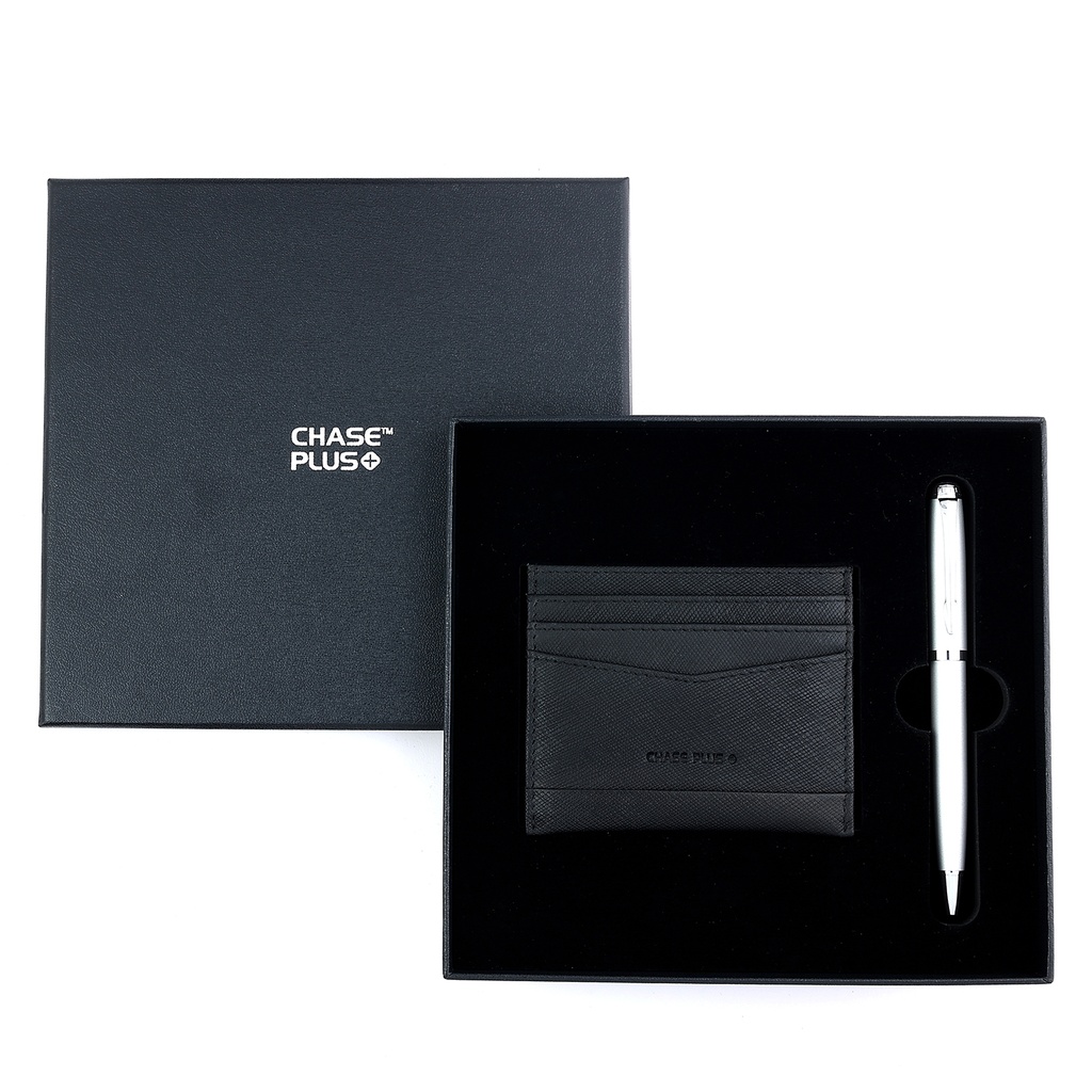 CHASE PLUS Business Gift Set- Glasgow Credit Card Holder and Libro Matt Silver Pen