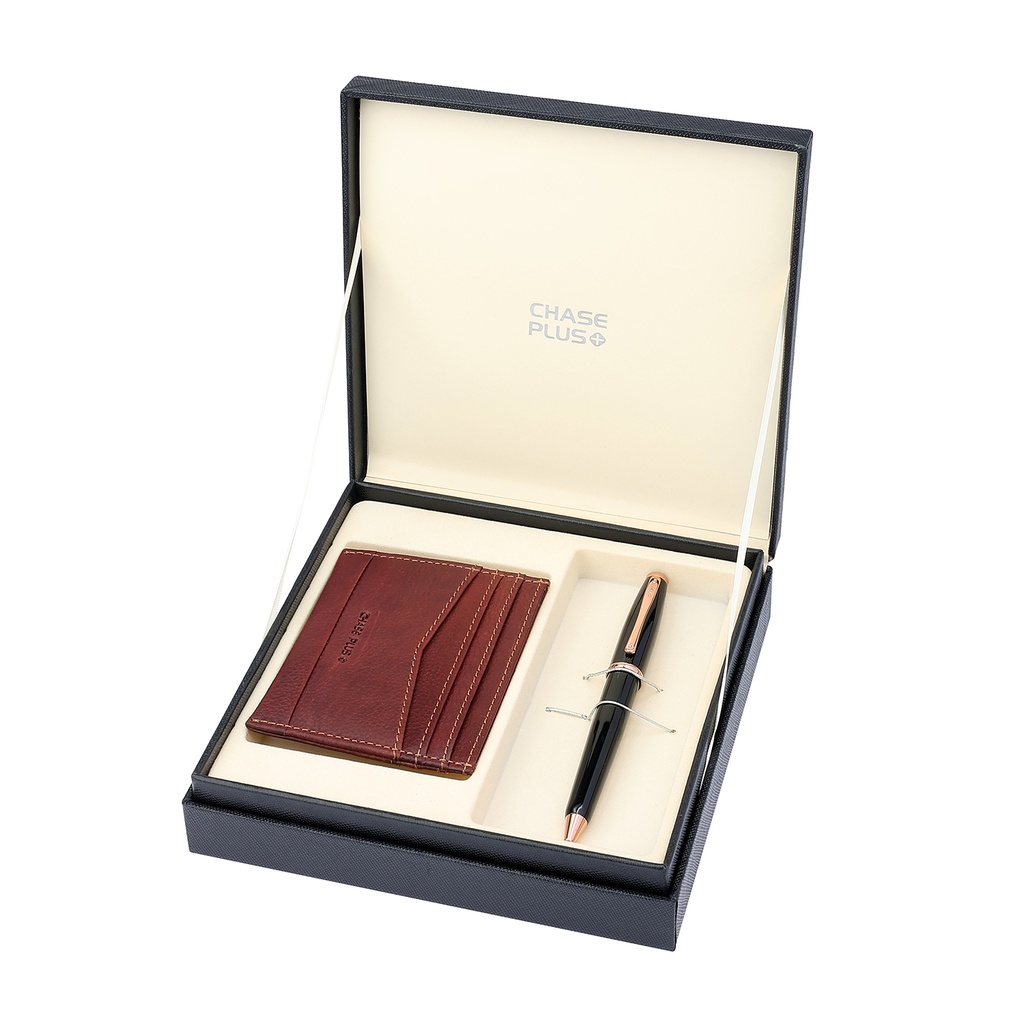 CHASE PLUS Business Gift Set- Oxford Credit Card Holder and Lexer Black Rosegold Pen