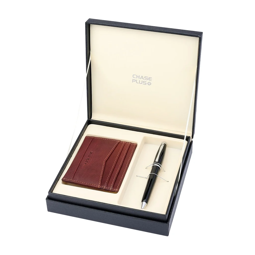  CHASE PLUS Business Gift Set- Oxford Credit Card Holder and Lexer Black Pen 