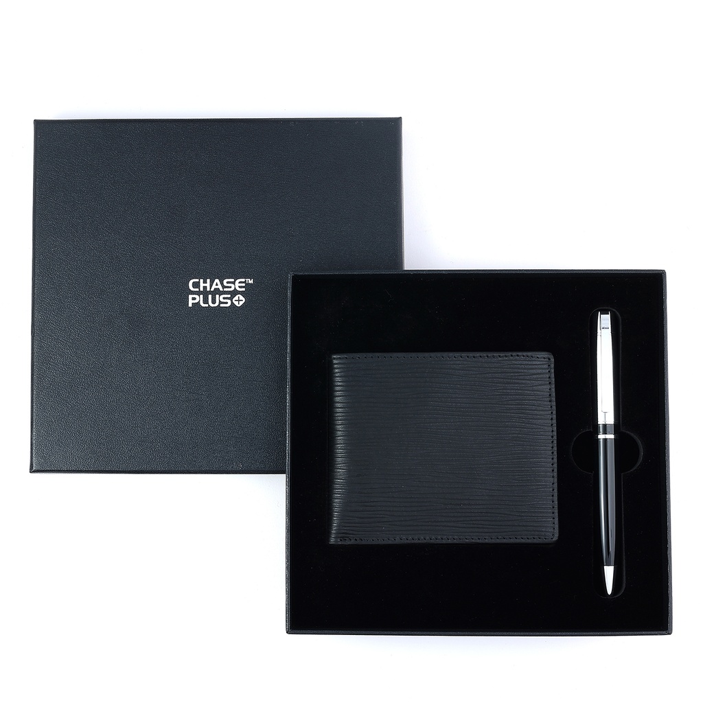 CHASE PLUS Business Gift Set-Retso Men's Wallet and Kanora Black Chrome Pen 