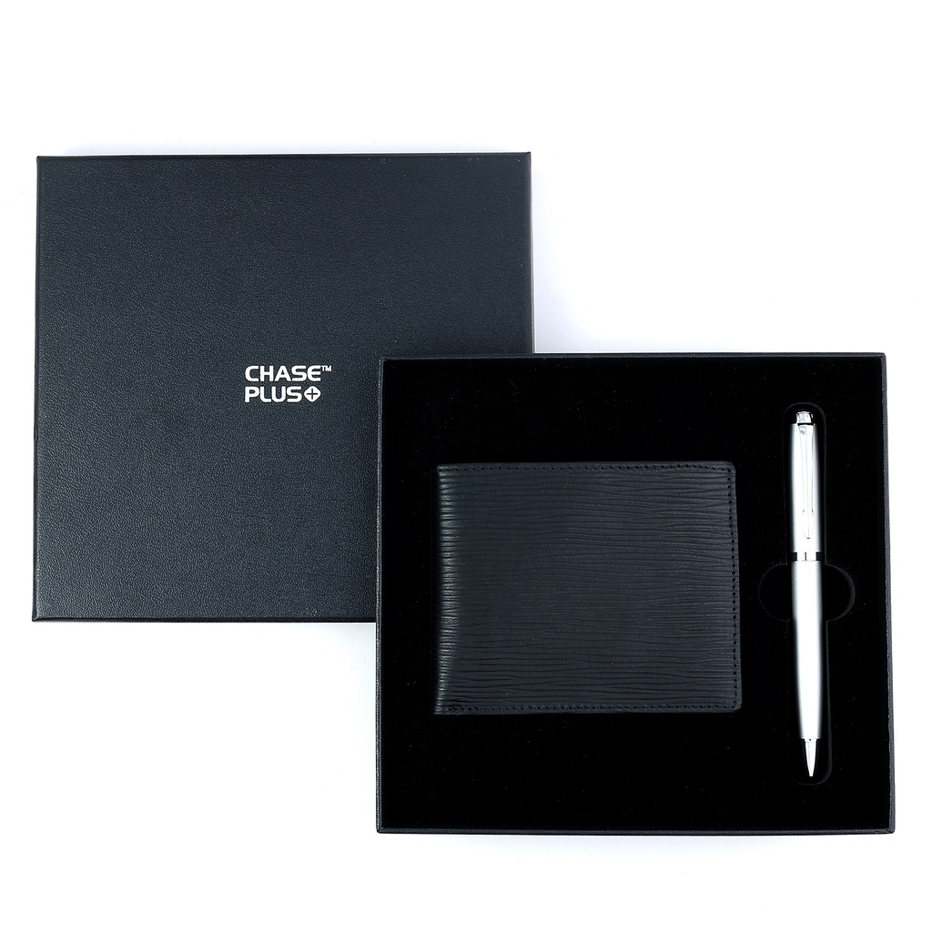 CHASE PLUS Business Gift Set-Retso Men's Wallet and Libro Matt Silver Pen 