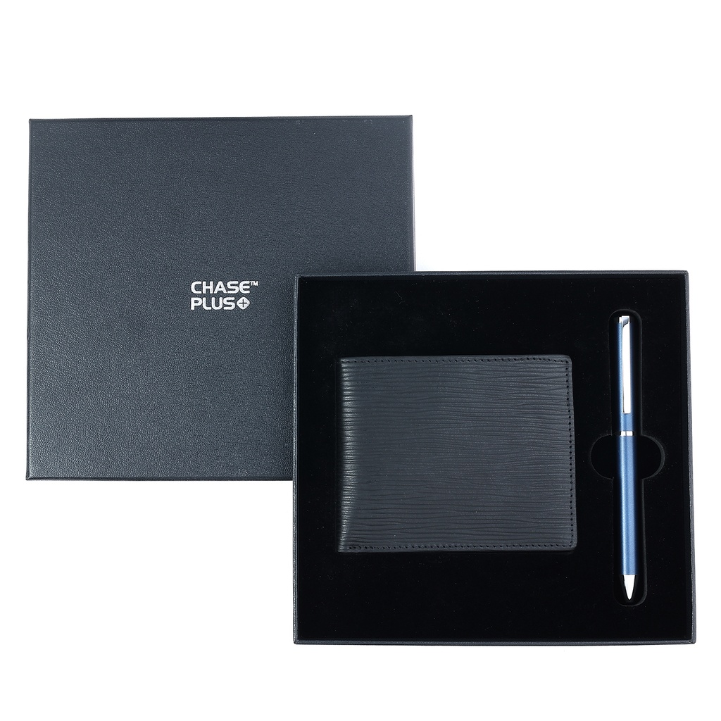 CHASE PLUS Business Gift Set-Retso Men's Wallet and Danza Matt Blue Pen 