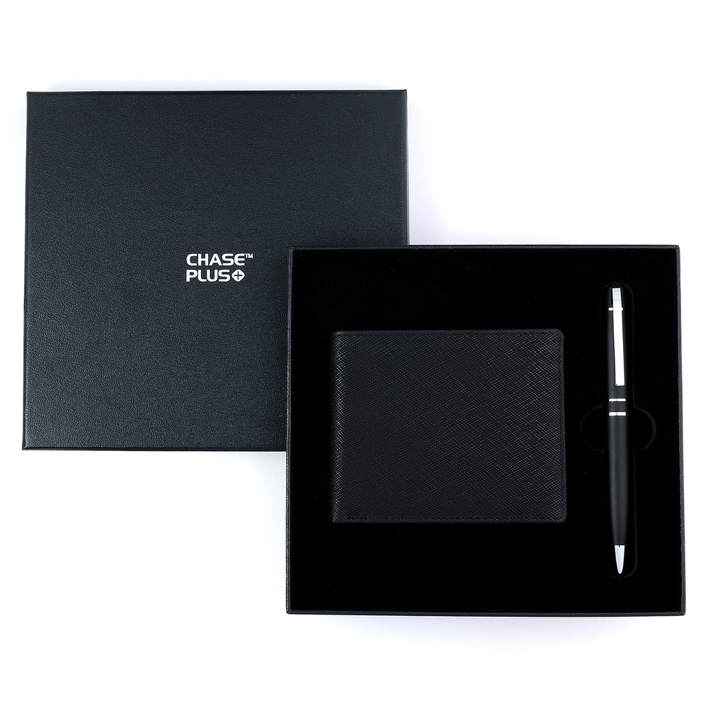 CHASE PLUS Business Gift Set-Glasgow Men's Wallet and Kanora Matt Black Pen  