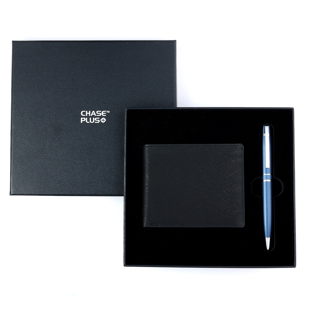 CHASE PLUS Business Gift Set-Glasgow Men's Wallet and Kanora Matt Blue Pen 