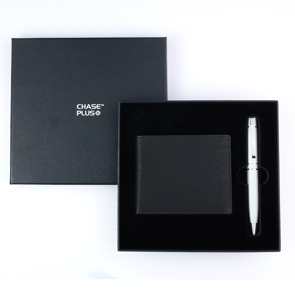 CHASE PLUS Business Gift Set-Glasgow Men's Wallet and Kanora Matt Silver Pen 