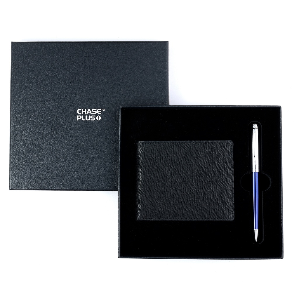 CHASE PLUS Business Gift Set-Glasgow Men's Wallet and Libro Blue Chrome Pen 
