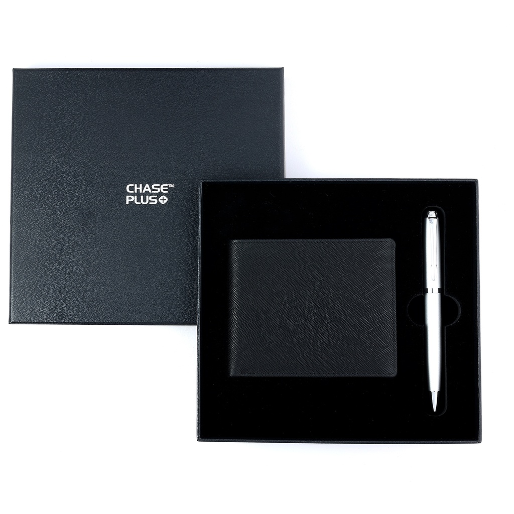 CHASE PLUS Business Gift Set-Glasgow Men's Wallet and Libro Matt Silver Pen 