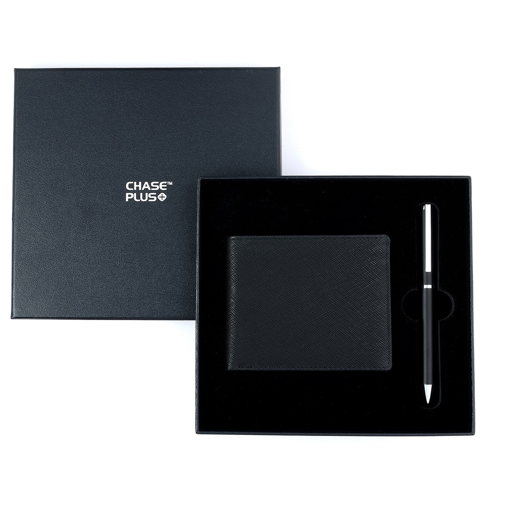 CHASE PLUS Business Gift Set-Glasgow Men's Wallet and Danza Matt Black Pen