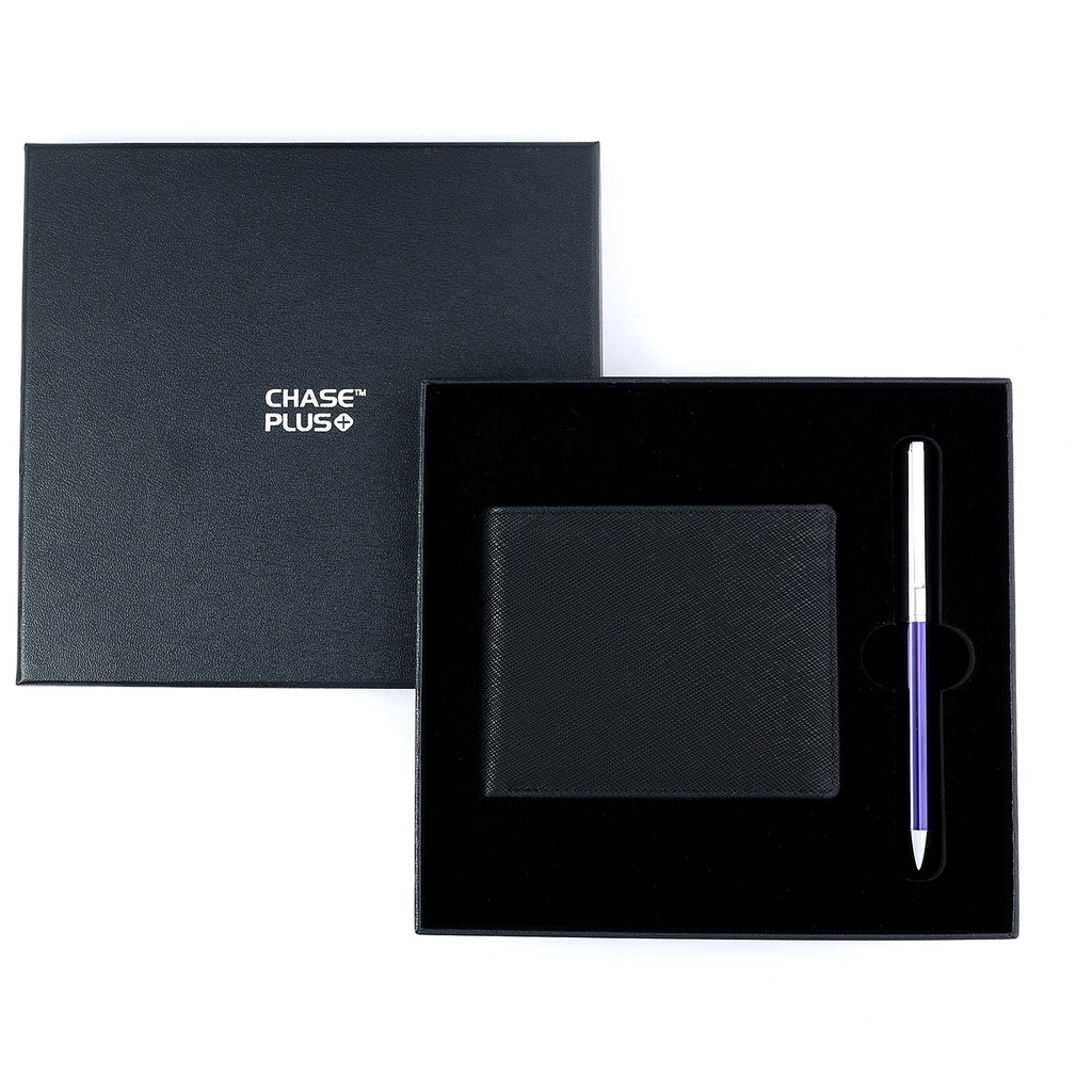 CHASE PLUS Business Gift Set-Glasgow Men's Wallet and Danza Blue Chrome Pen  