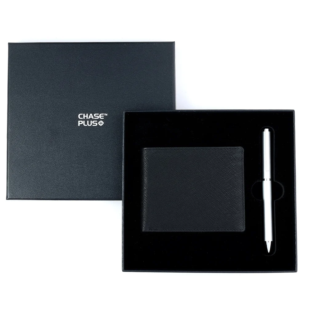CHASE PLUS Business Gift Set-Glasgow Men's Wallet and Danza Matt Silver Pen 