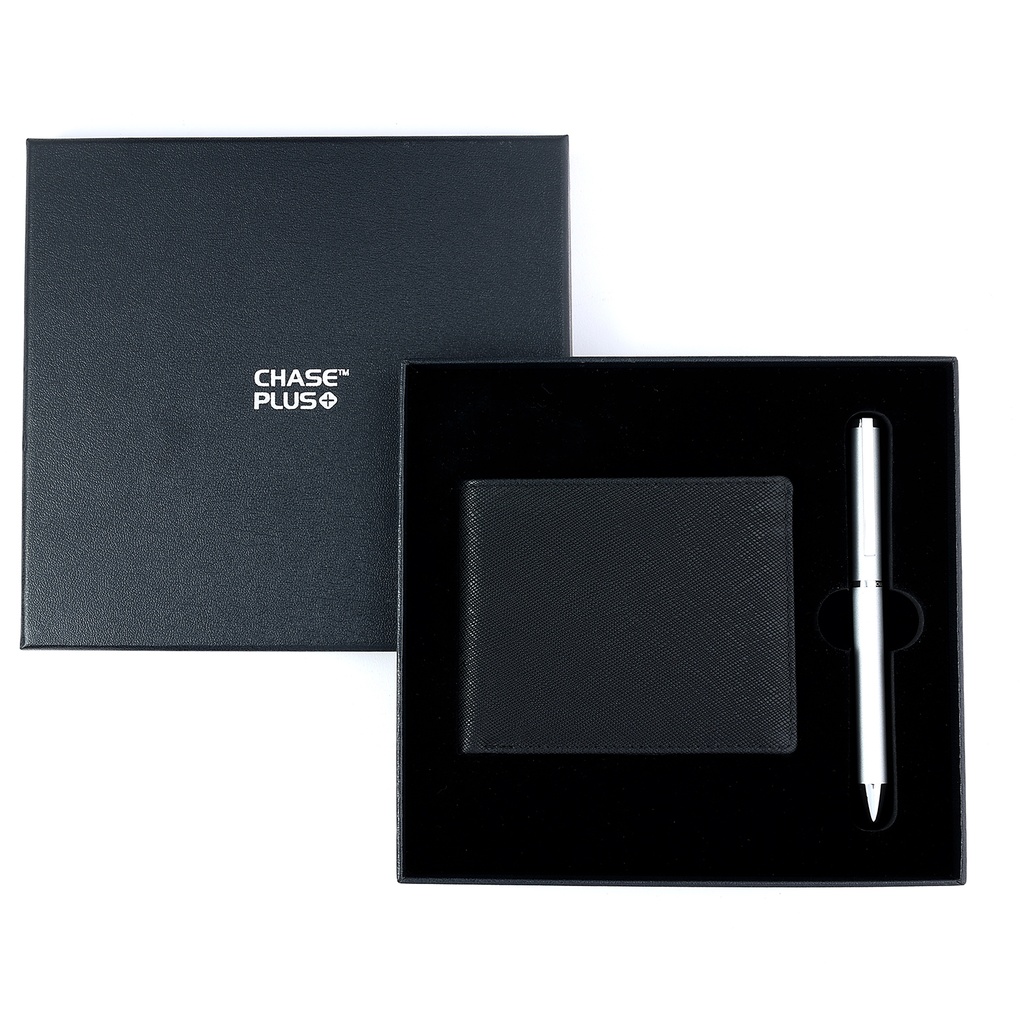 CHASE PLUS Business Gift Set-Glasgow Men's Wallet and Danza Matt Silver Pen 
