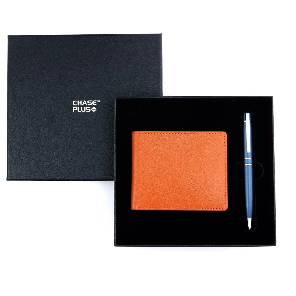 CHASE PLUS Business Gift Set-Bristol Men's Wallet and Kanora Matt Blue Pen 
