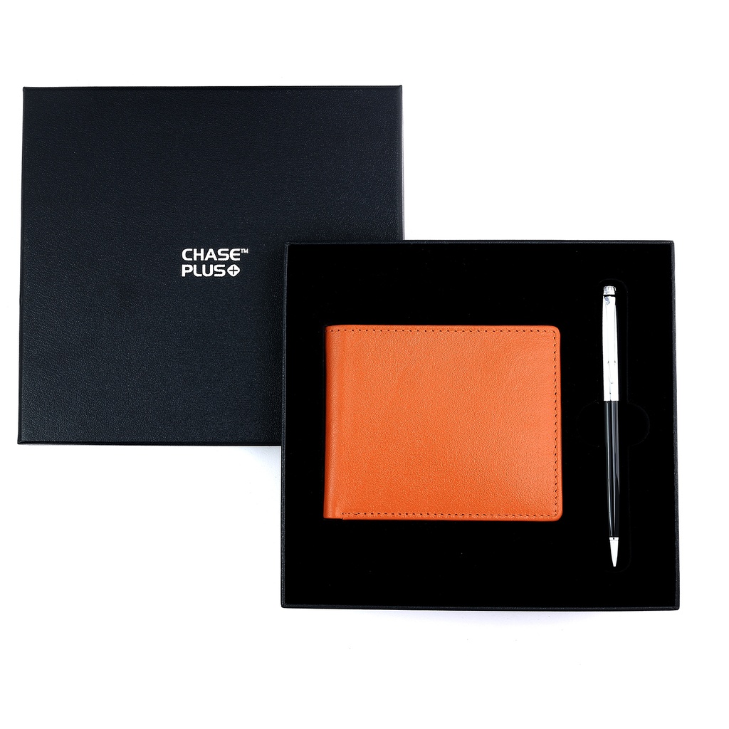 CHASE PLUS Business Gift Set-Bristol Men's Wallet and Libro Black Chrome Pen