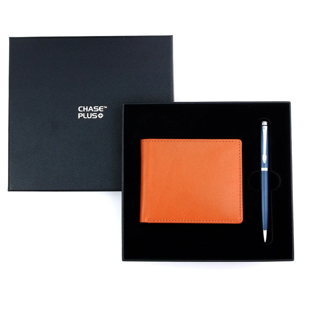 CHASE PLUS Business Gift Set-Bristol Men's Wallet and Libro Matt Blue Pen 