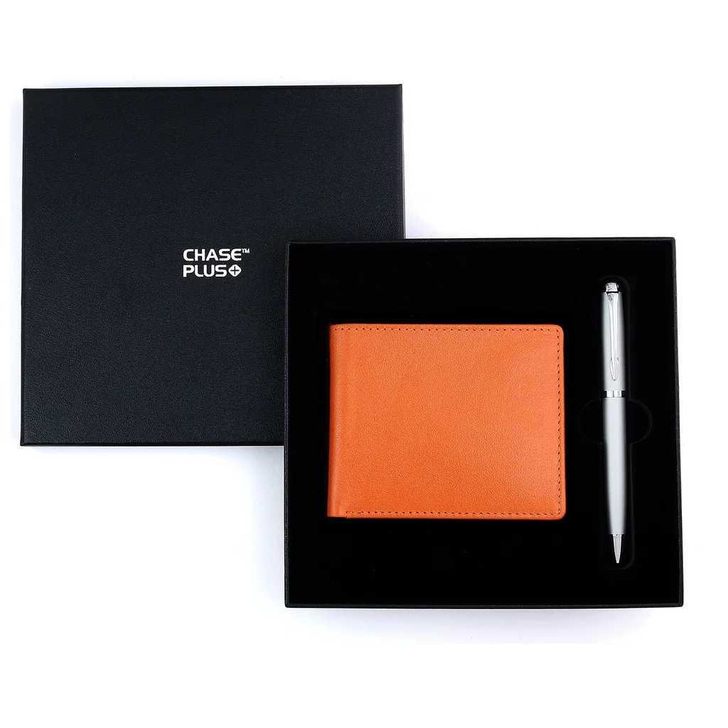 CHASE PLUS Business Gift Set-Bristol Men's Wallet and Libro Matt Silver Pen 