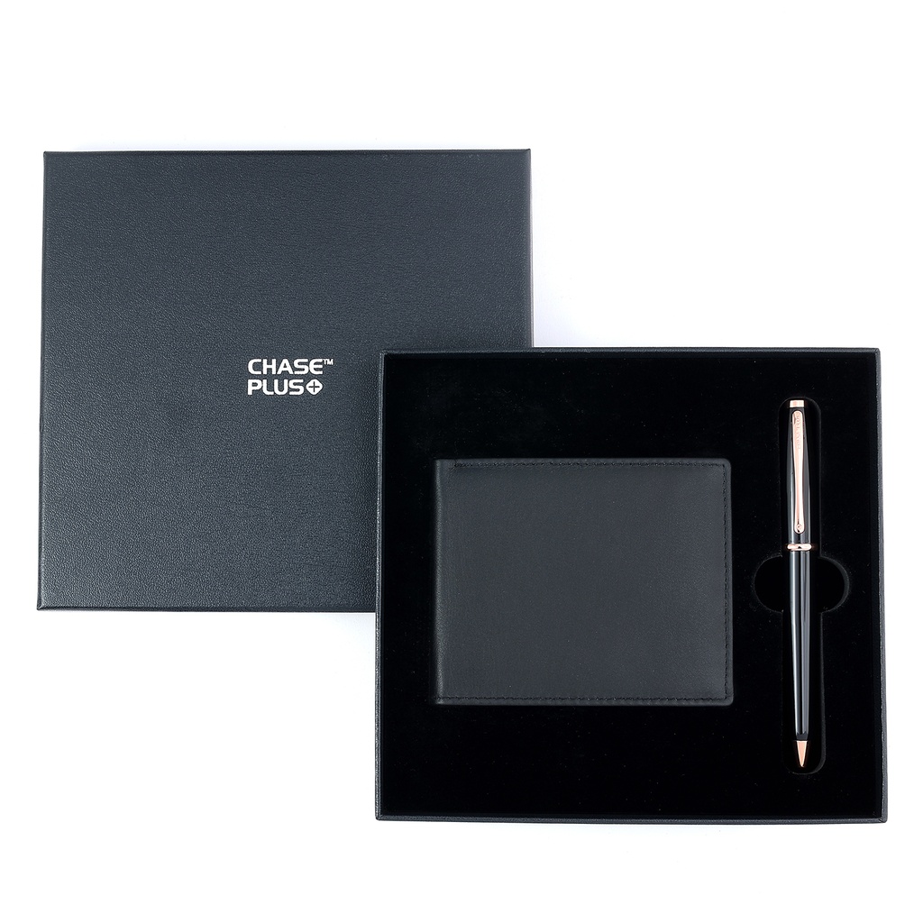  CHASE PLUS Business Gift Set-Premio Men's Wallet and Lexer Black Rosegold Pen 