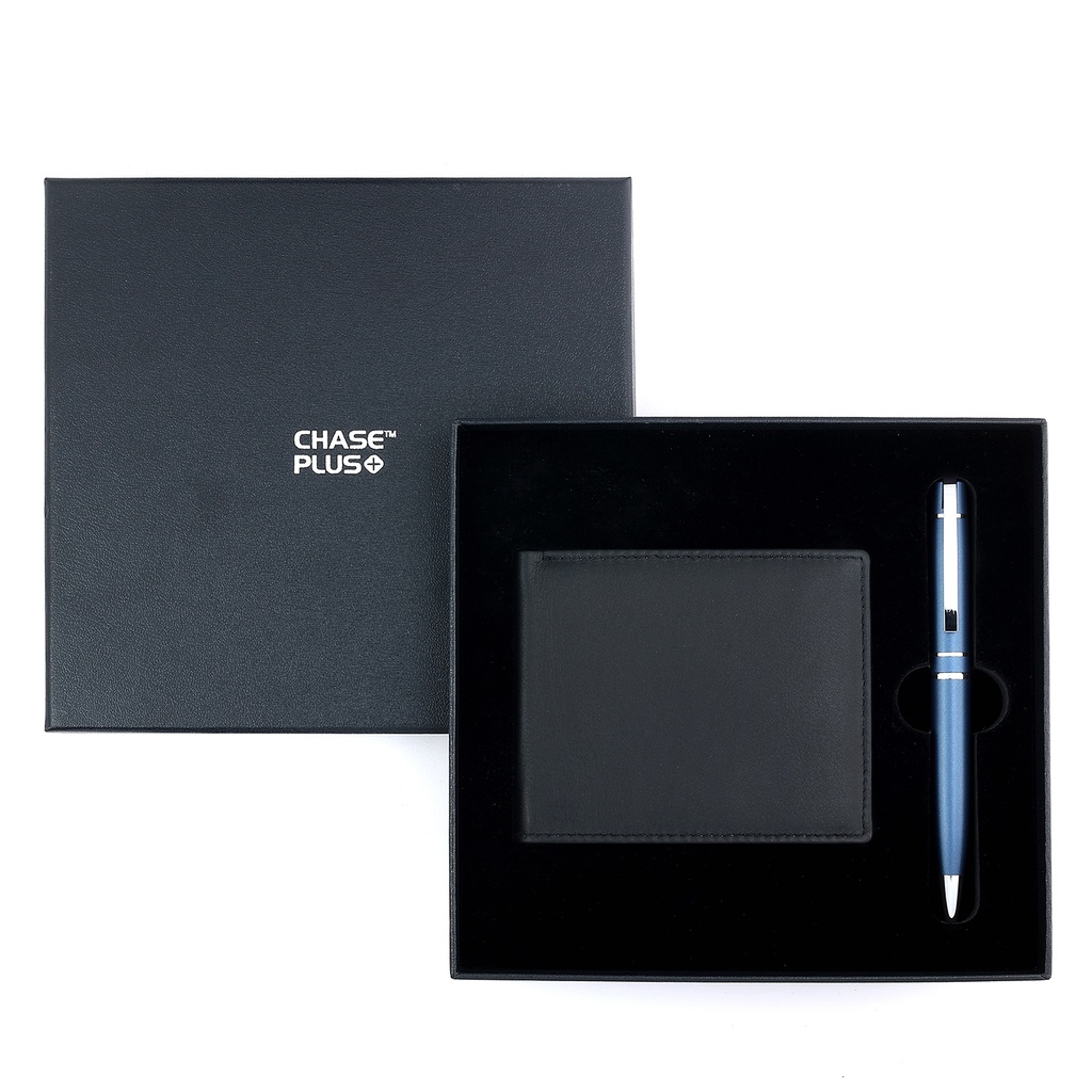 CHASE PLUS Business Gift Set-Premio Men's Wallet and Kanora Matt Blue Pen 