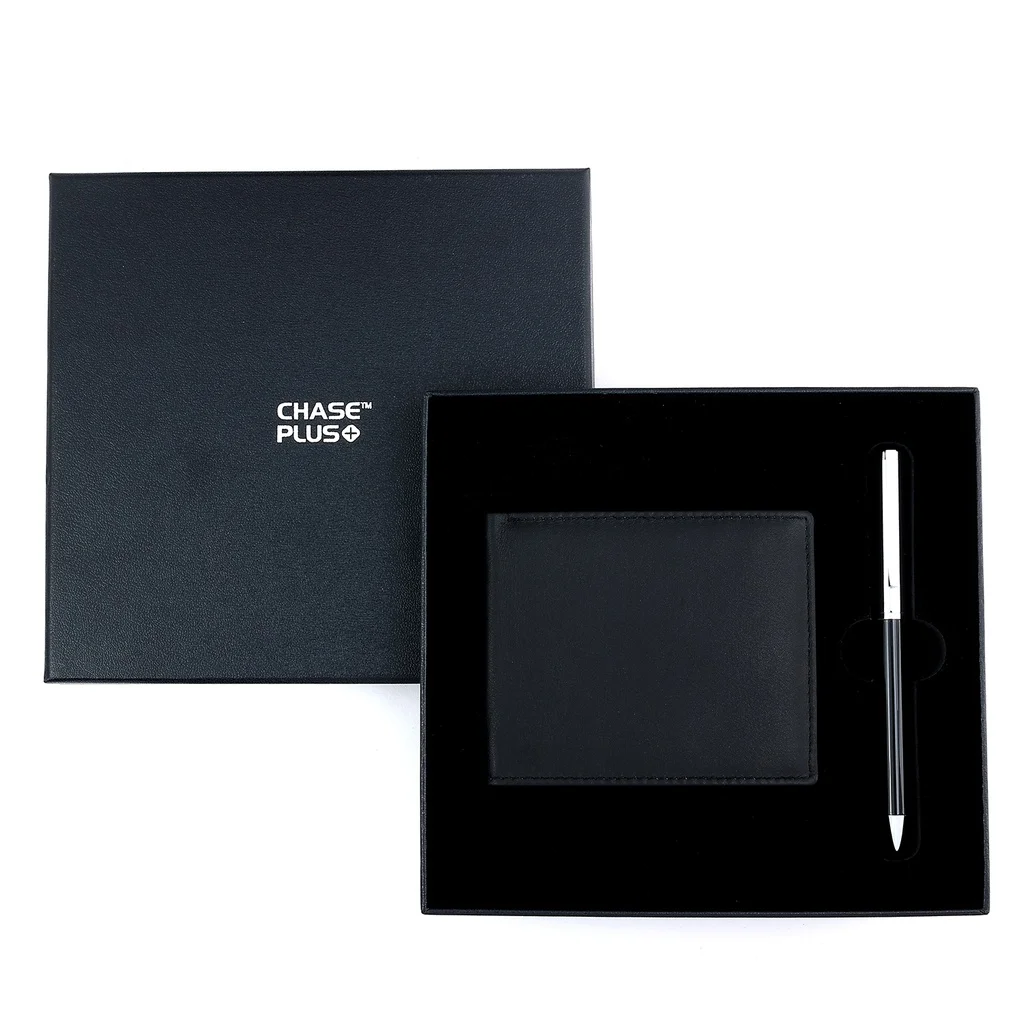 CHASE PLUS Business Gift Set-Premio Men's Wallet and Danza Black Chrome Pen 