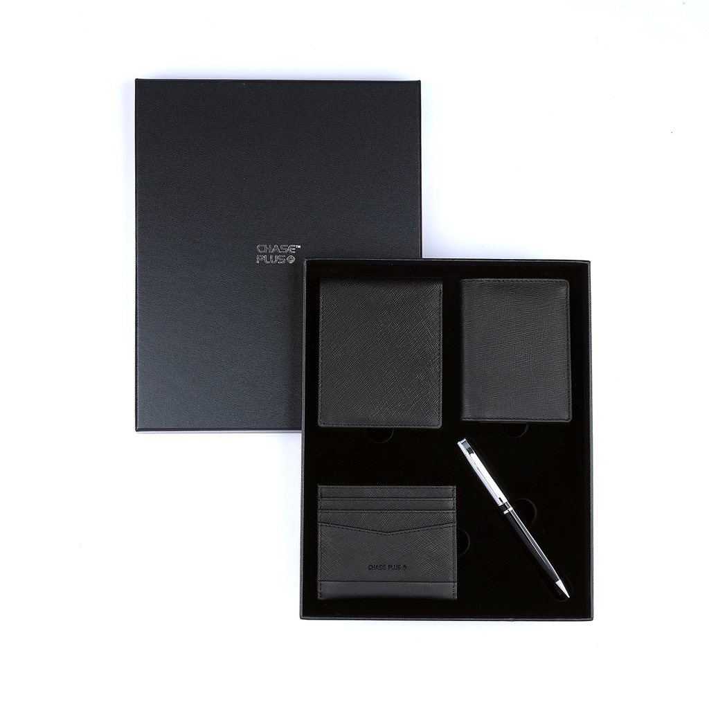 CHASE PLUS Business Gift Set Glasgow Men's Wallet, Credit Card Holder, BCH and Kanora Black Chrome Pen   