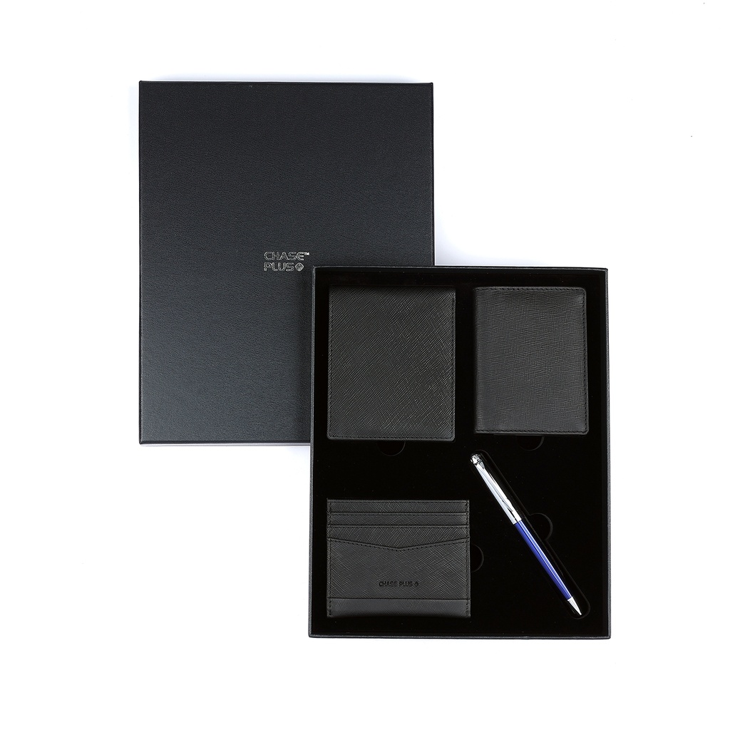 CHASE PLUS Business Gift Set Glasgow Men's Wallet, Credit Card Holder, BCH and Libro Blue Chrome Pen 