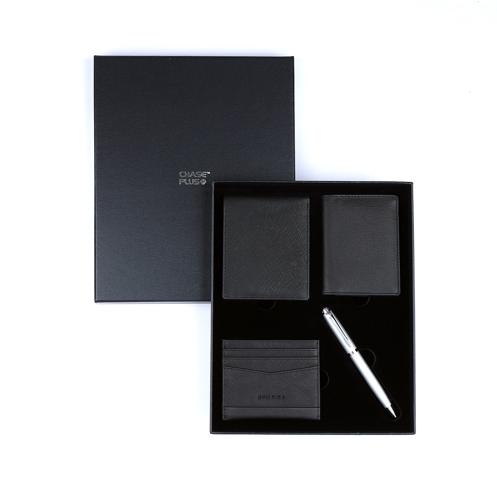 CHASE PLUS Business Gift Set Glasgow Men's Wallet, Credit Card Holder, BCH and Libro Matt Silver Pen 