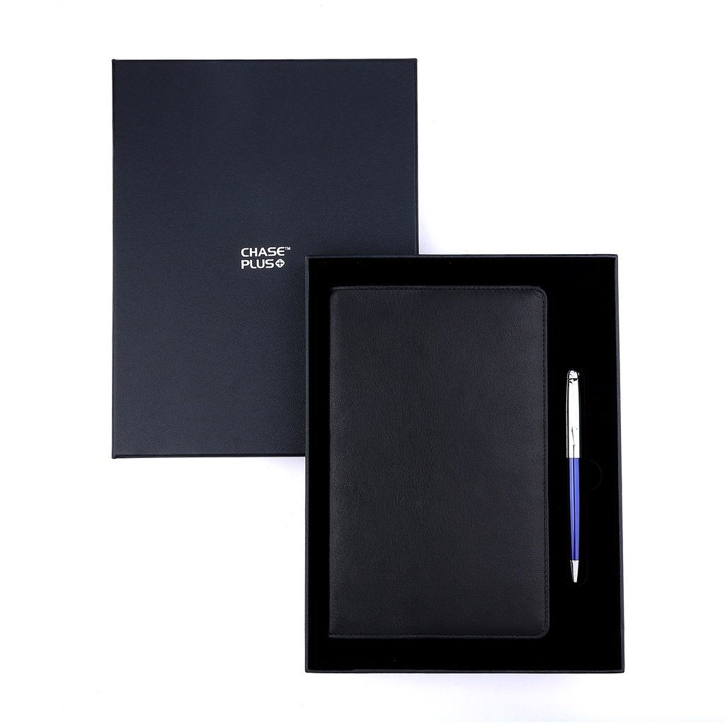 Business Gift Set-Capre Leather Covered Organizer Black and Libro Blue Chrome Pen