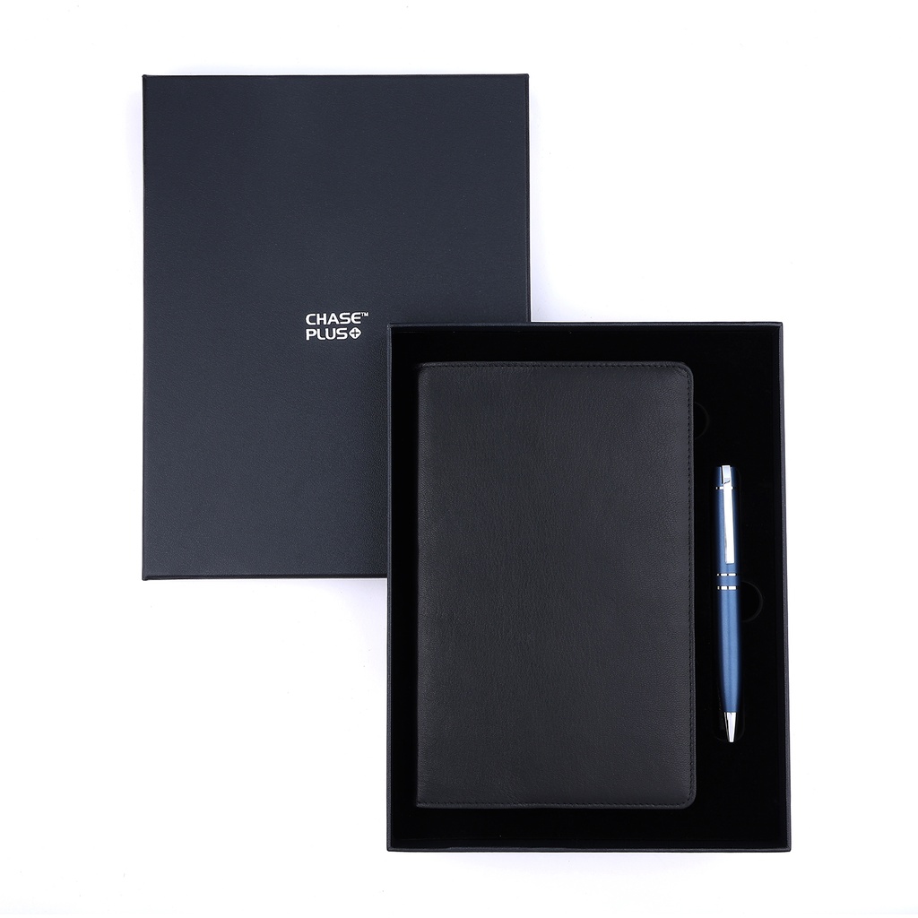 Business Gift Set-Capre Leather Covered Organizer Black and Kanora Matt Blue Pen