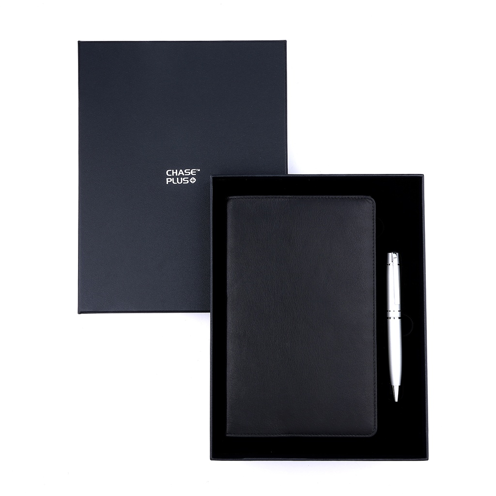 Business Gift Set-Capre Leather Covered Organizer Black and Kanora Matt Silver Pen 