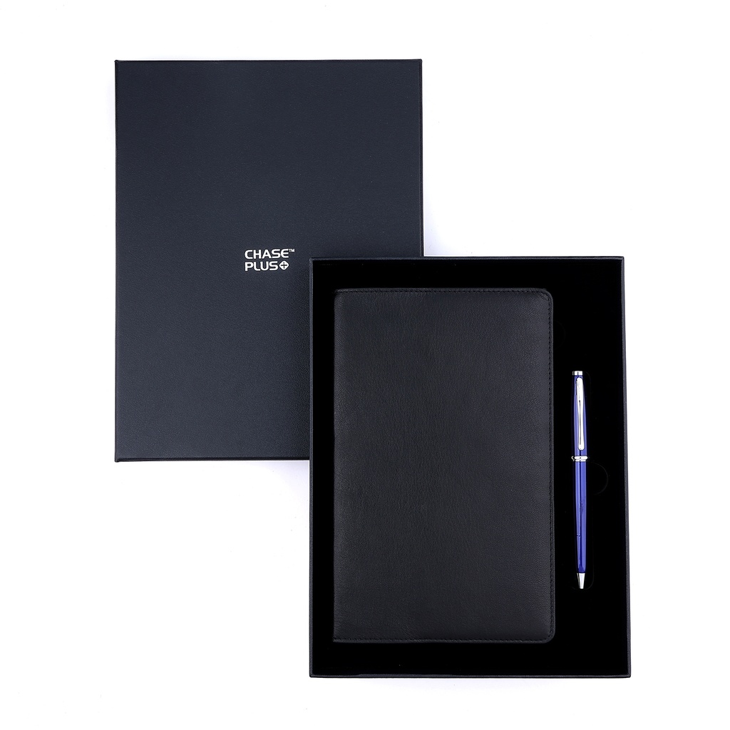 Business Gift Set-Capre Leather Covered Organizer Black and Lexer Blue Pen 