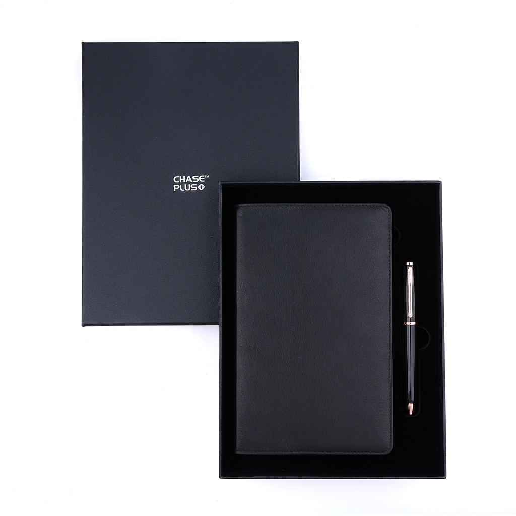 Business Gift Set-Capre Leather Covered Organizer Black and Lexer Black Rosegold Pen 