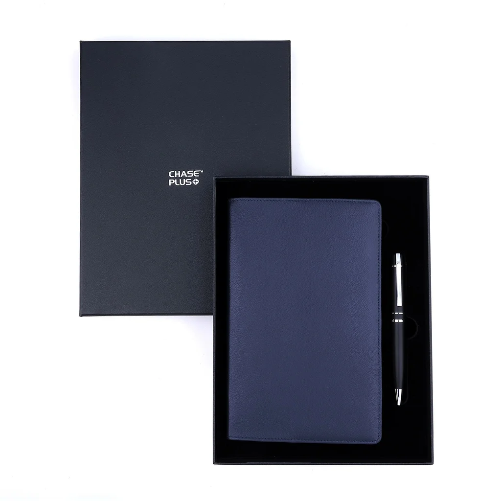Business Gift Set-Capre Leather Covered Organizer Blue and Kanora Matt Black Pen